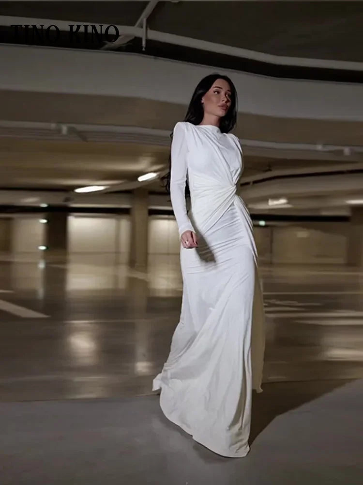 Pleated Knotted Long Dress - Elegant White Bodycon Party Robe