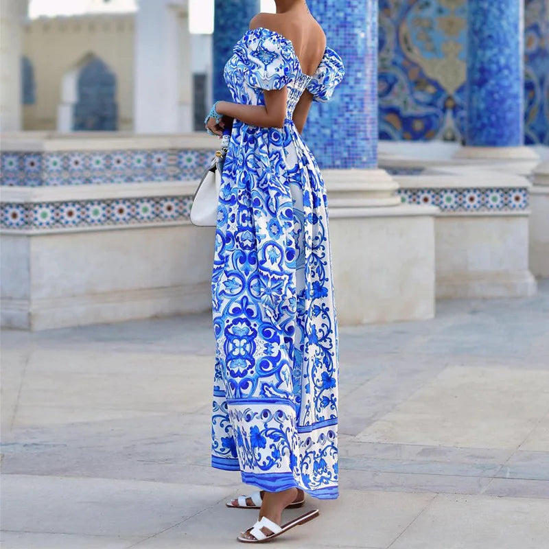Summer Boho Print Maxi Dress - Puff Sleeve Off Shoulder Beach Dress