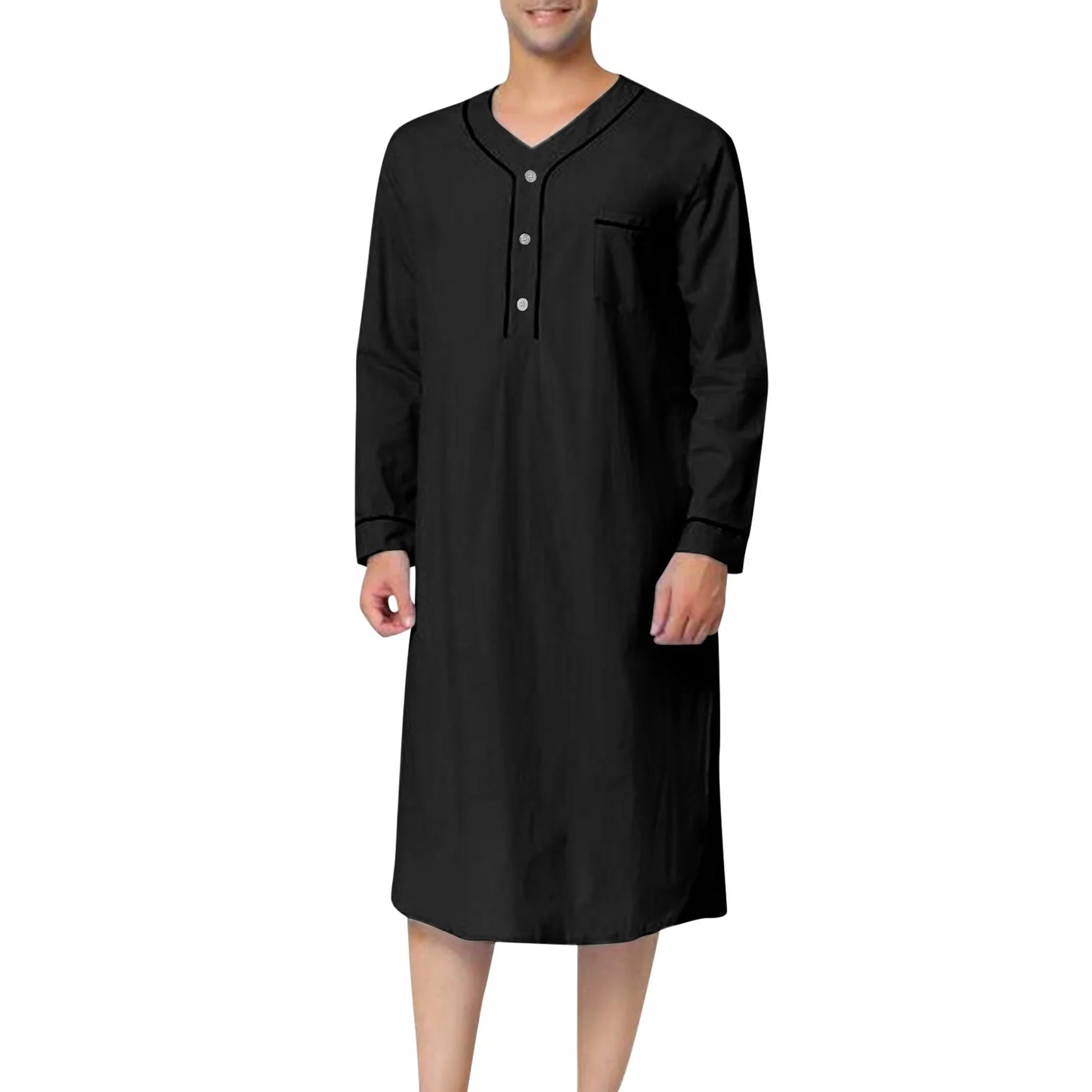 New 2025 Men Jubba Thobe Solid Color Pajamas Fashion Solid Loose Muslim Robe Long-sleeved Nightgown Bathrobes Mens Muslim Kaftan
