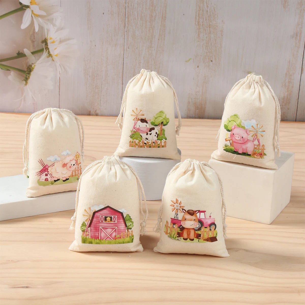 Burlap Bags Farm Animal Gift Drawstring Bags - Jute Pouches