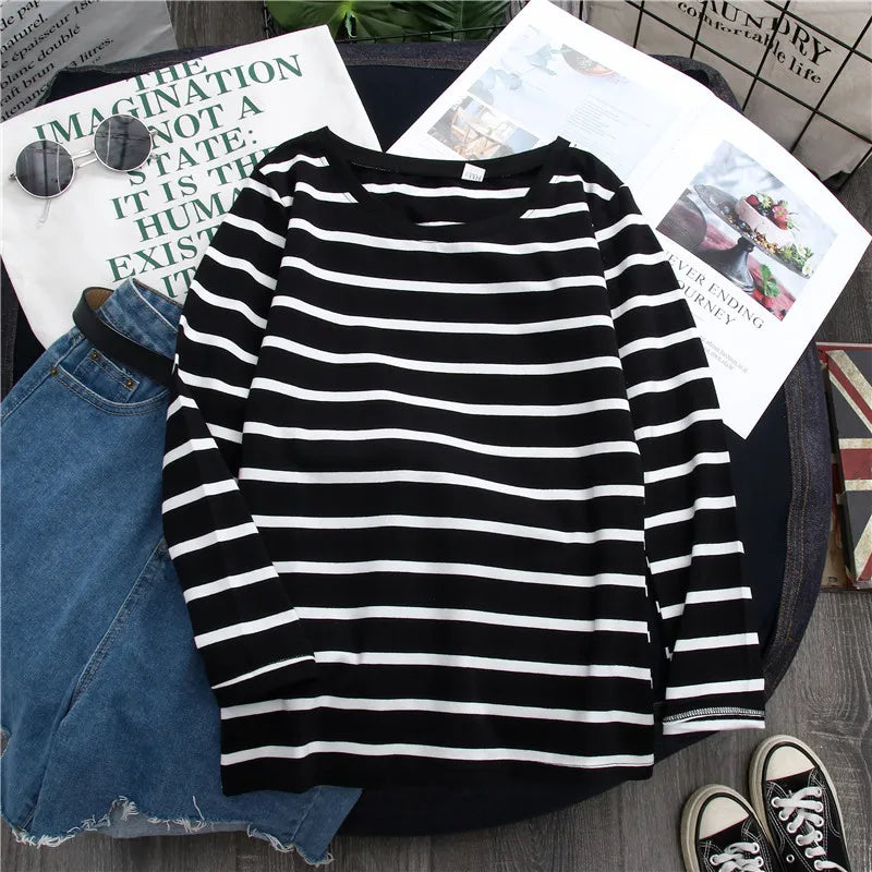 Women's Black Striped Long Sleeve T-Shirt - Spring & Autumn Wear
