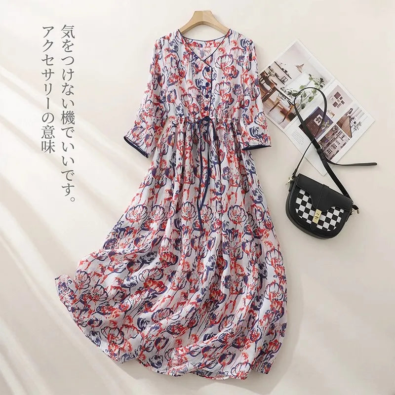 Vintage V-Neck Half Sleeve Long Dress - Drawstring Pockets Women's Dress