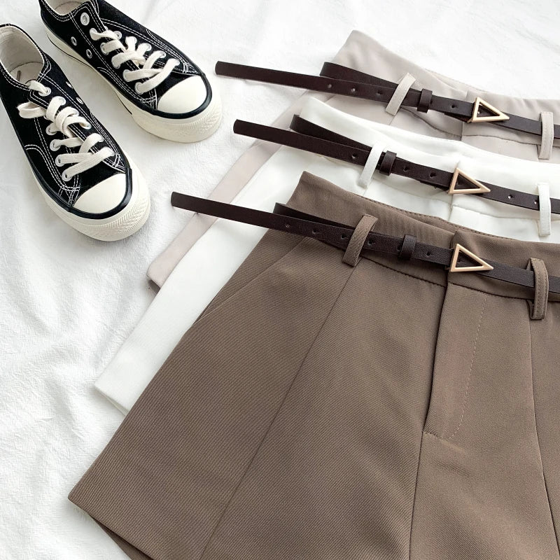ITOOLIN Casual Women's Shorts - A-line High Waist Belted Vintage Trousers