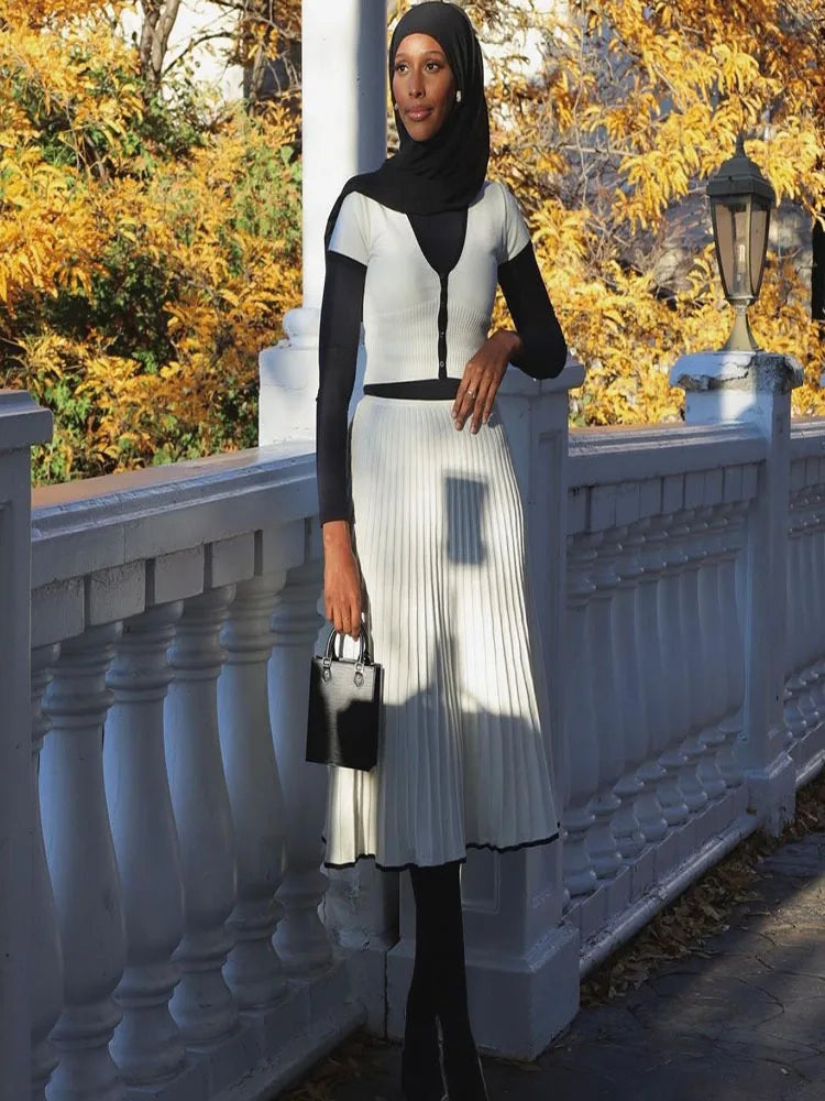 Women's White Long Skirt Suit - Short Sleeve V-Neck Crop Top Pleated Set