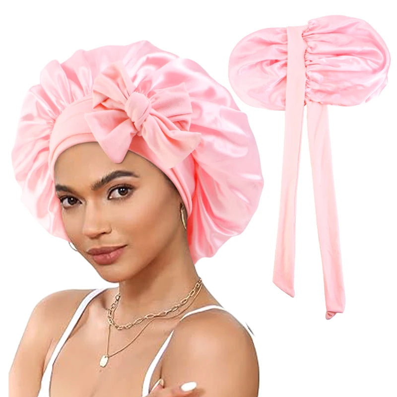 Stretchy Satin Sleeping Hat with Tie Band - Night Shower Cap