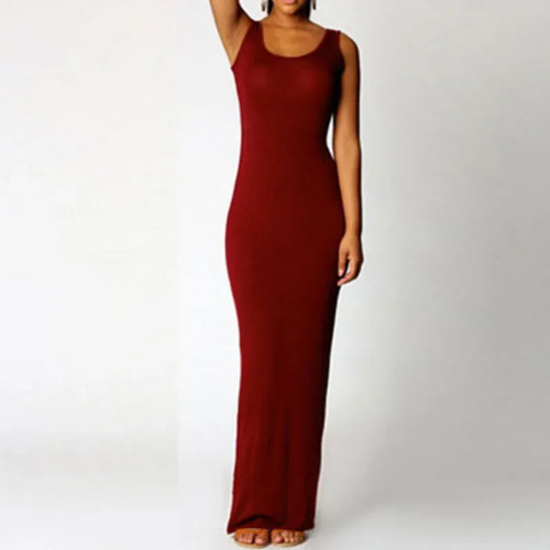 Sleeveless High Stretch Summer Maxi Dress - O-Neck Bodycon Beach Robe