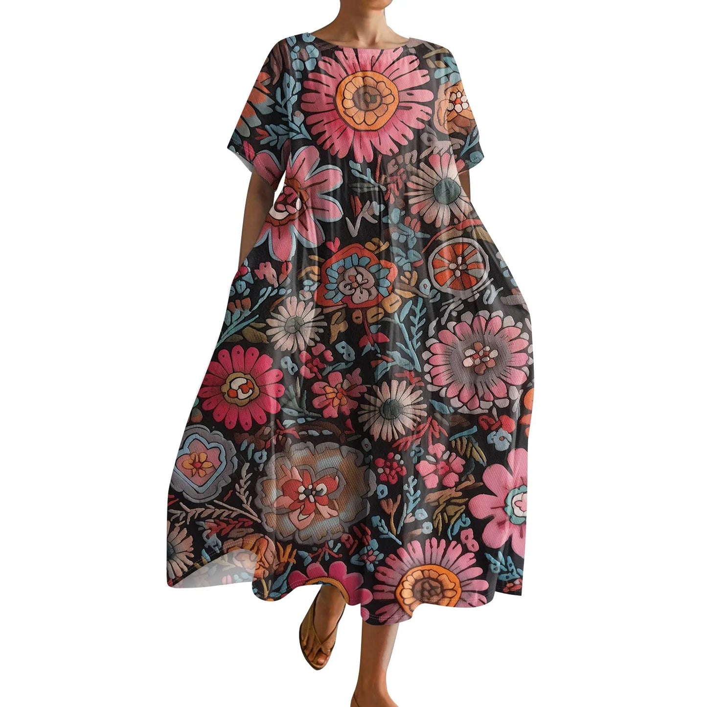 Ladies' Floral Print Maxi Dress - Round Neck Short Sleeve Beach Skirt