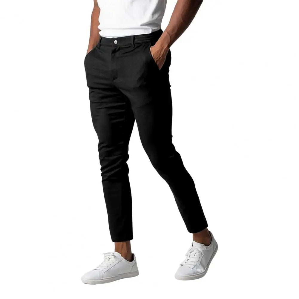 Solid Color Slim Fit Men's Business Trousers - Elastic Waist with Button Closure