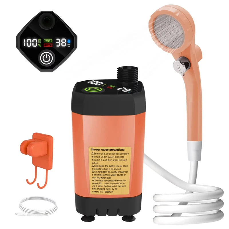 Portable Camping Shower Pump with Digital Display & 6000mAh Battery