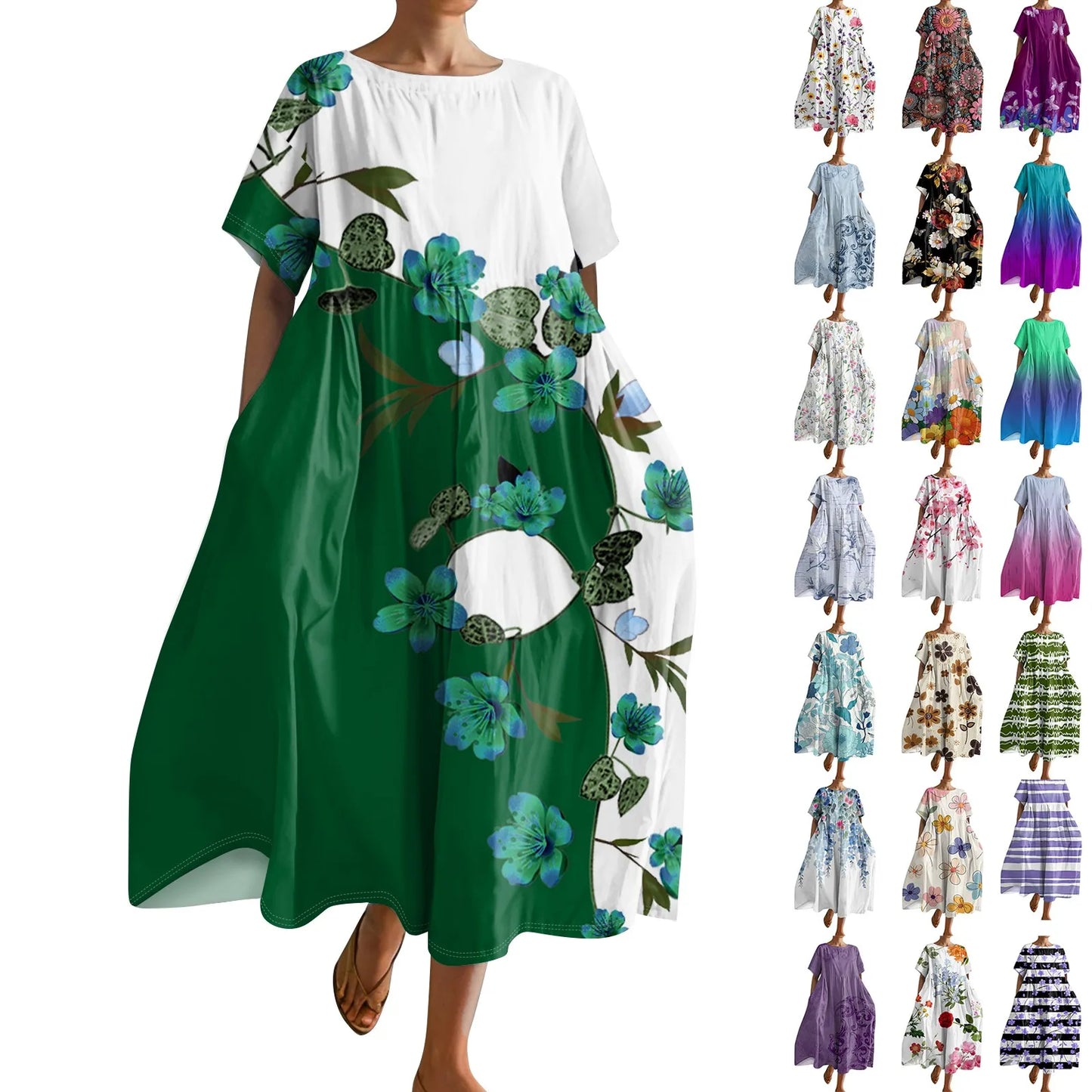 Ladies' Floral Print Maxi Dress - Round Neck Short Sleeve Beach Skirt