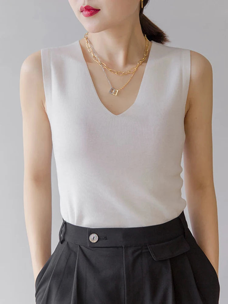 Women Knitted Tank Tops - V-Neck Sleeveless Casual Tees