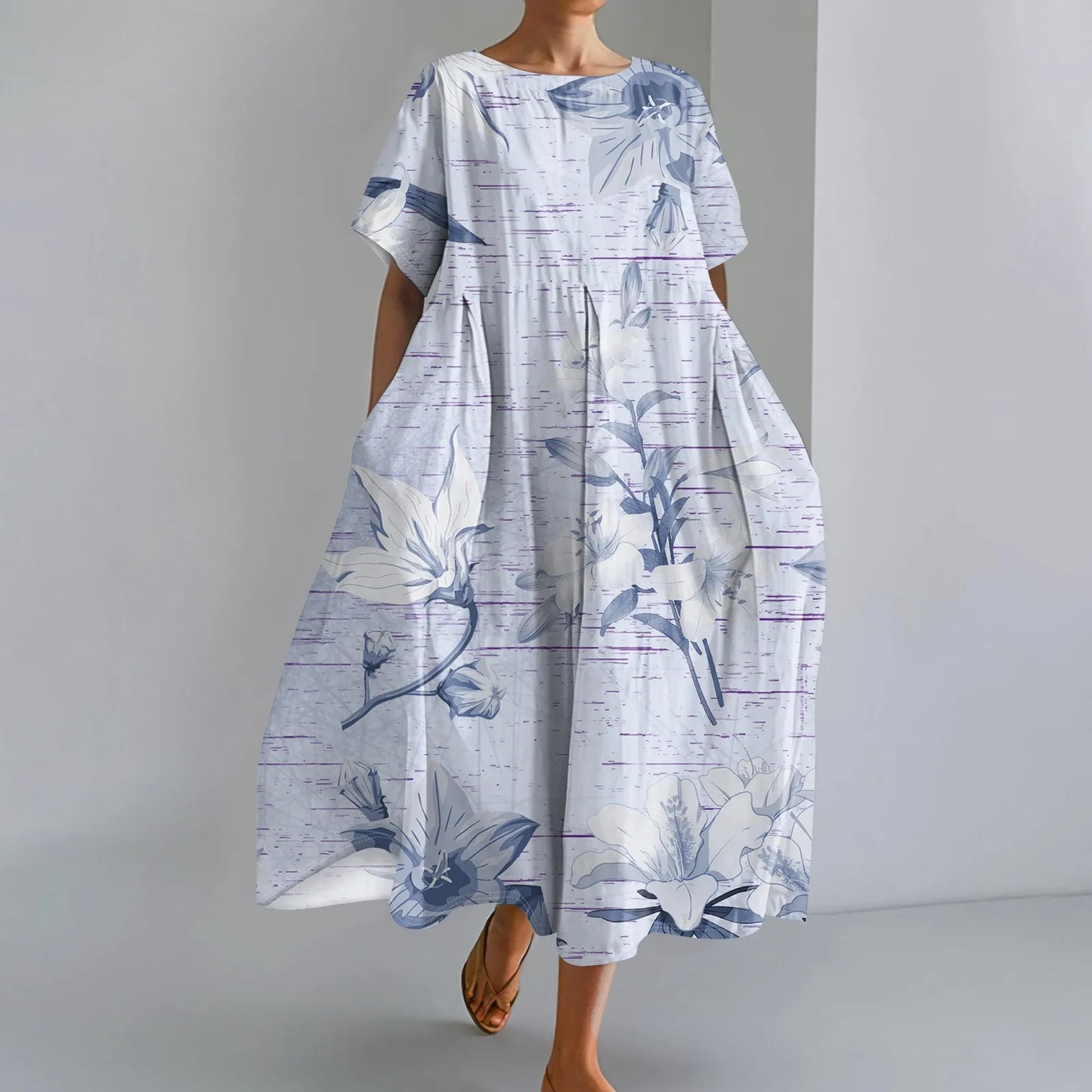 Ladies' Floral Print Maxi Dress - Round Neck Short Sleeve Beach Skirt