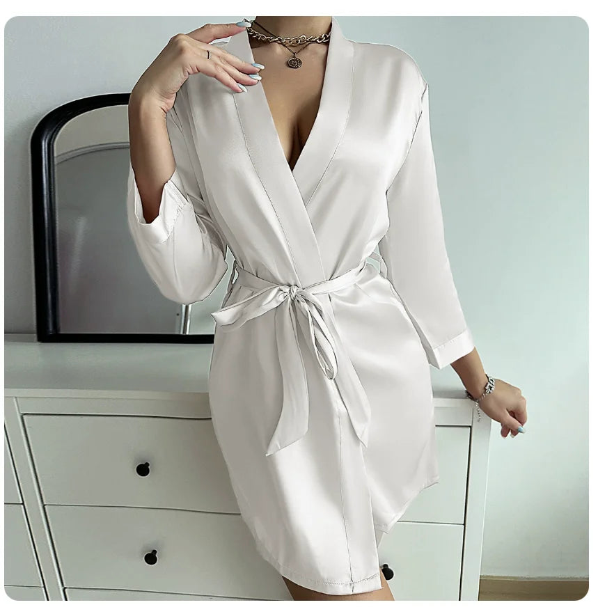 Women's Solid Satin Night Robe - V-Neck Half Sleeve Sleepwear with Belt