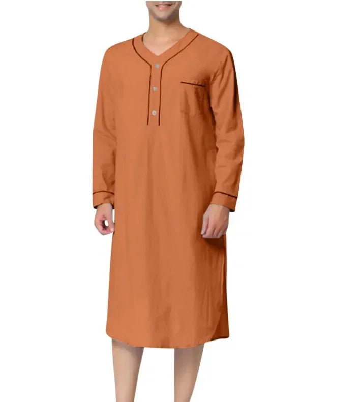 New 2025 Men Jubba Thobe Solid Color Pajamas Fashion Solid Loose Muslim Robe Long-sleeved Nightgown Bathrobes Mens Muslim Kaftan