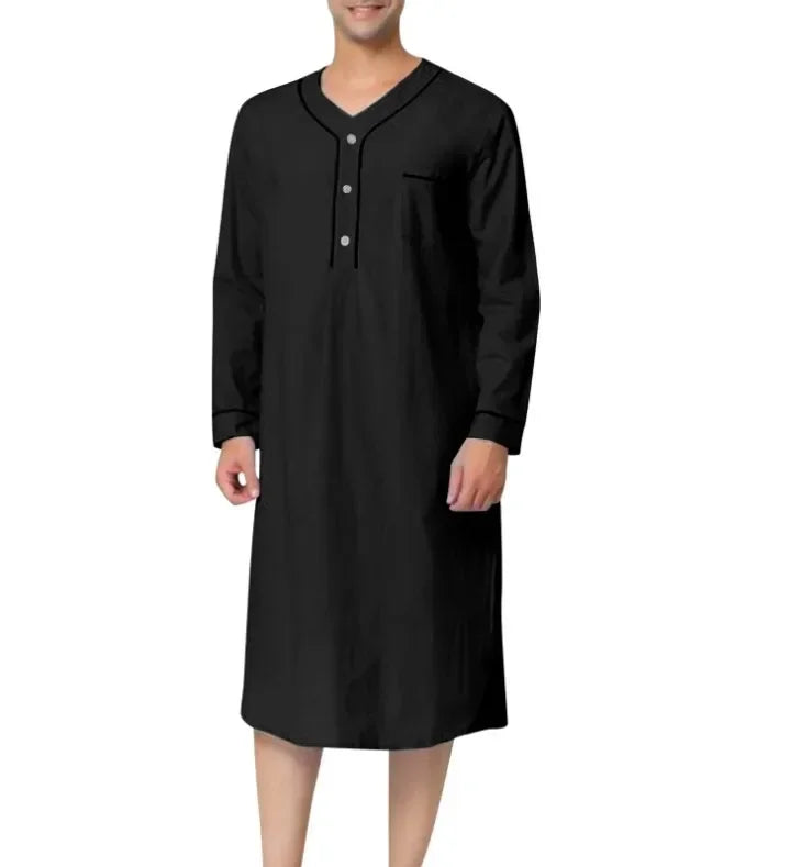 New 2025 Men Jubba Thobe Solid Color Pajamas Fashion Solid Loose Muslim Robe Long-sleeved Nightgown Bathrobes Mens Muslim Kaftan