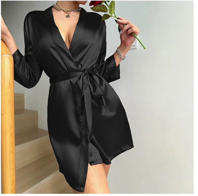 Women's Solid Satin Night Robe - V-Neck Half Sleeve Sleepwear with Belt