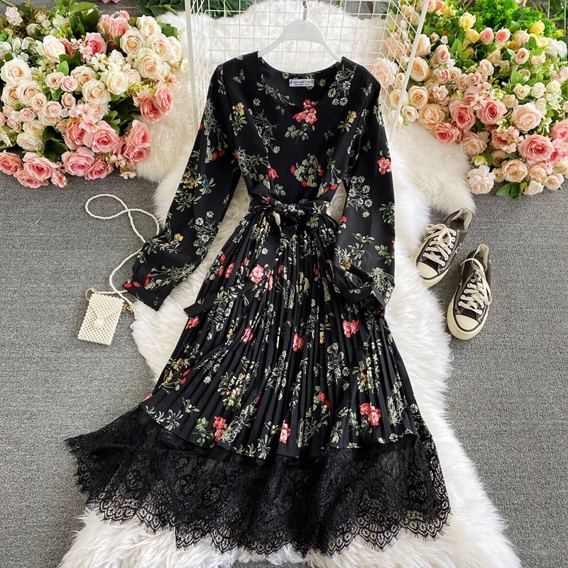 Women's Vintage Floral Print Long Dress - Elegant Spring & Autumn Party Robe