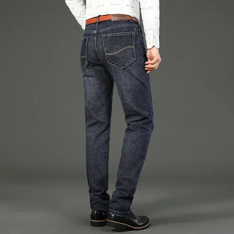 Wthinlee Men's Straight Stretch Jeans - Classic Blue Black Denim Trousers