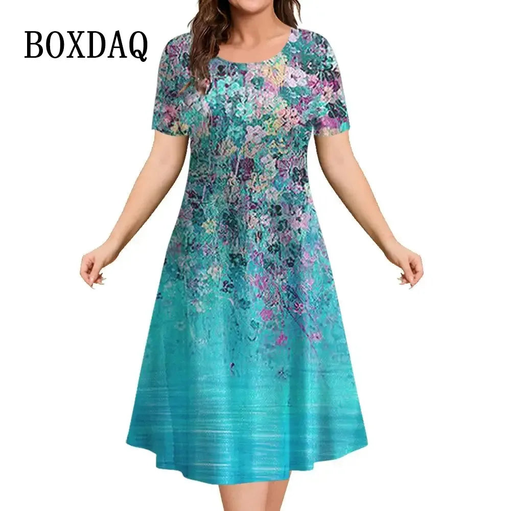 Women’s Dresses 3D Flowers Pattern Short Sleeve Clothing