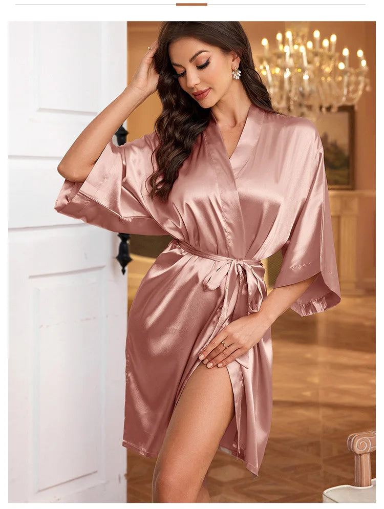 Women's Solid Satin Night Robe - V-Neck Half Sleeve Sleepwear with Belt