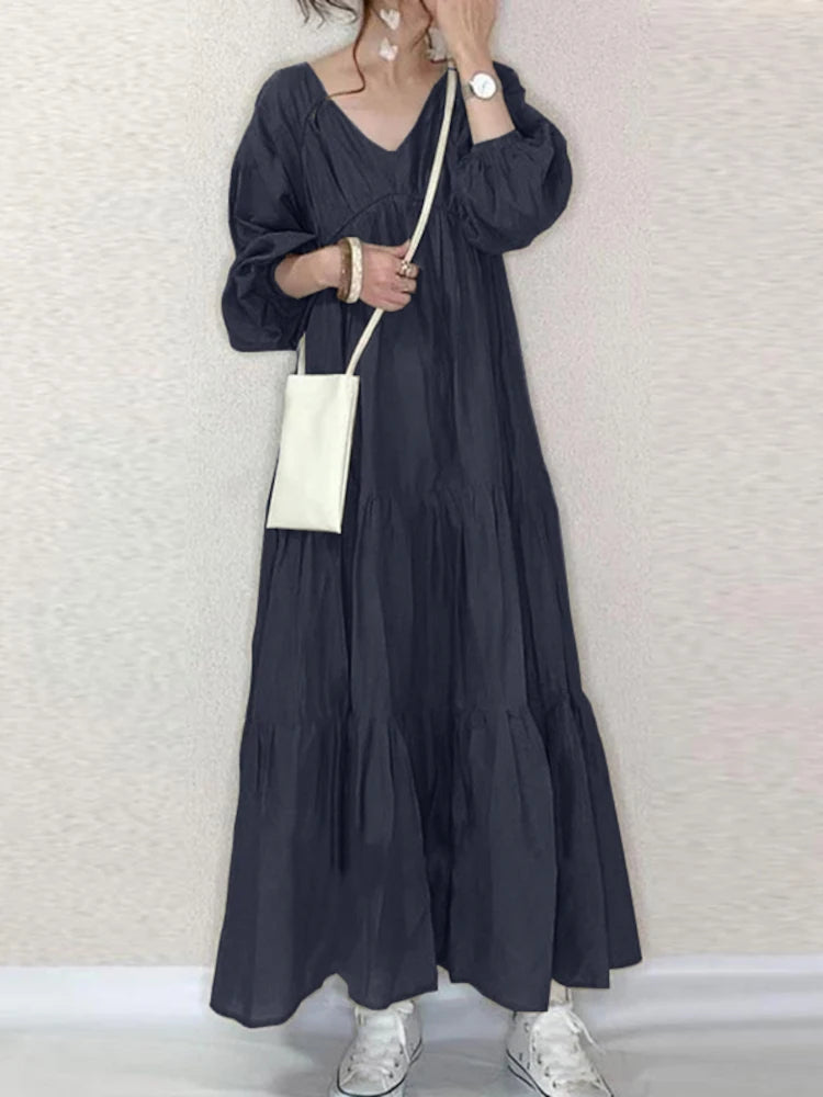 ZANZEA Women Autumn Long Dress - V-Neck Puff Sleeve Maxi Dress