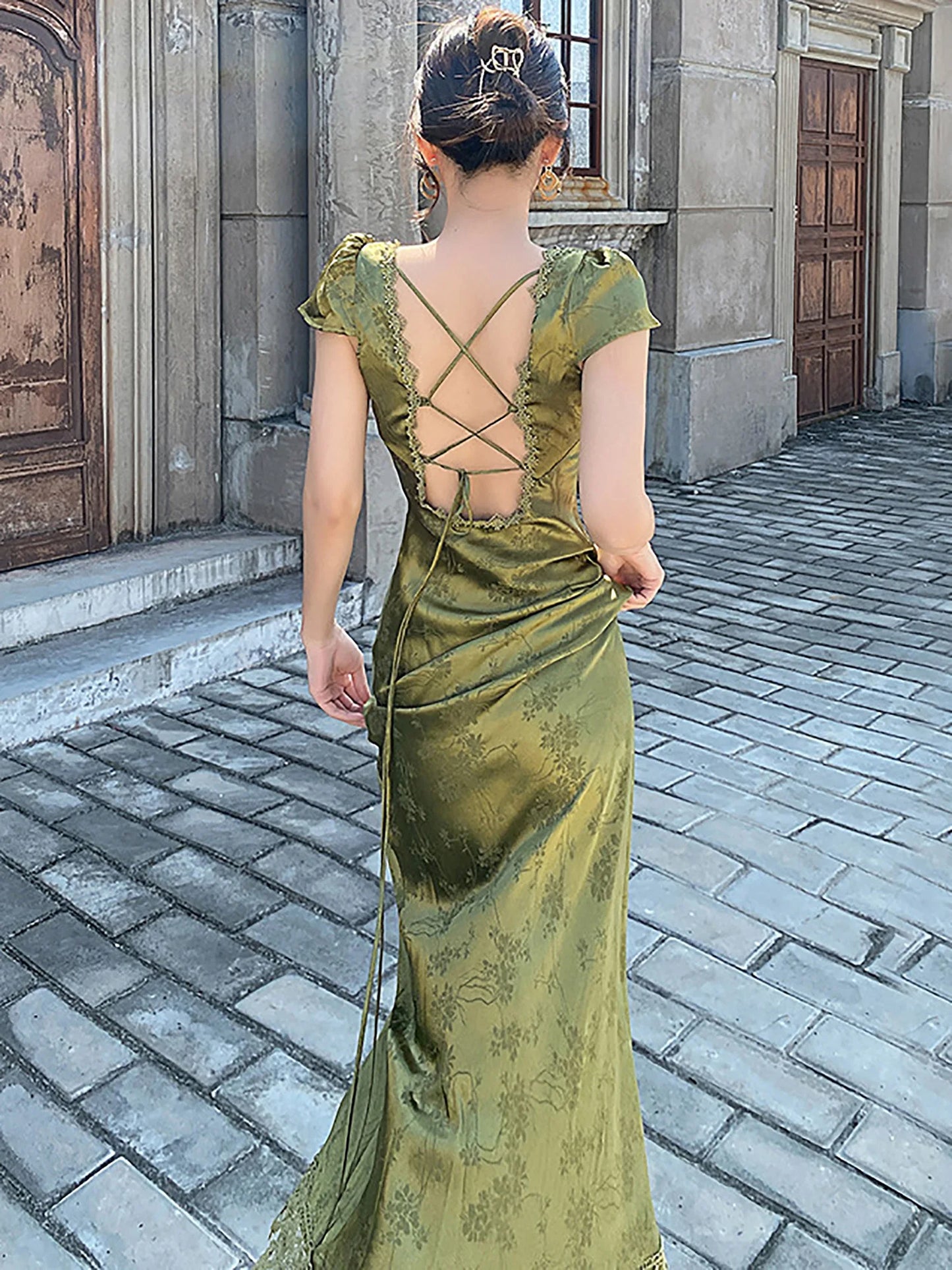 Turquoise Green V-Neck Backless Satin Jacquard Long Dress