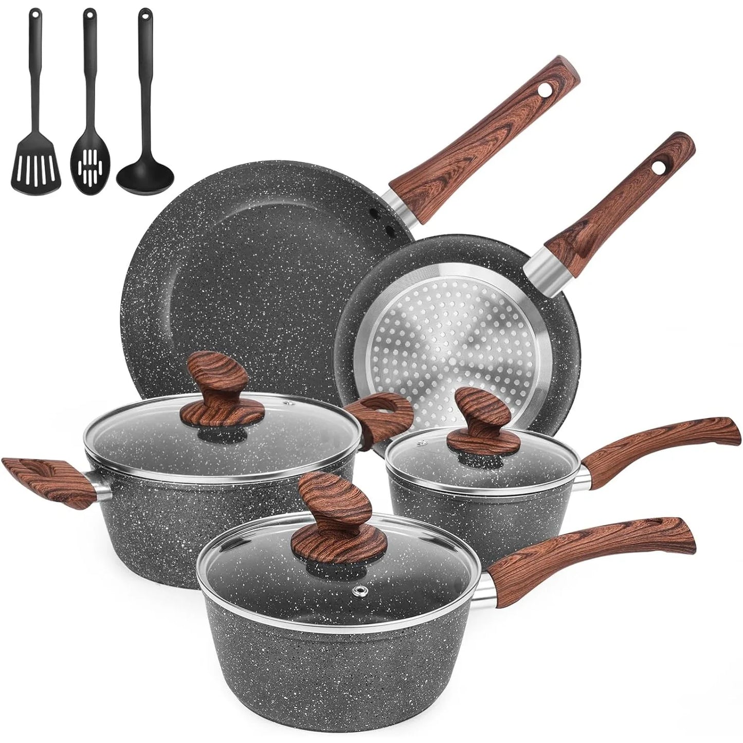 11 PCS Ceramic Pots & Pans Set with Glass Covers, Non-stick Cookware with lids, Pre-installed, Heat resistant