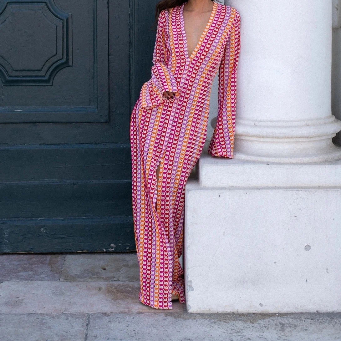 Sexy Rainbow Deep V Neck Split Long Dress - Y2K Knitted Party Dress