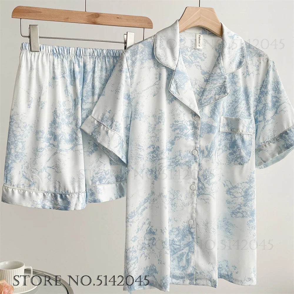 Fashion Print Flower 2PCS Pajamas Set - Women's Spring Summer Lounge Wear