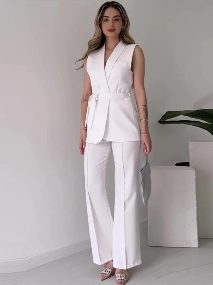 Elegant Solid Color 2-Piece Suit - Sleeveless Top with Long Pants