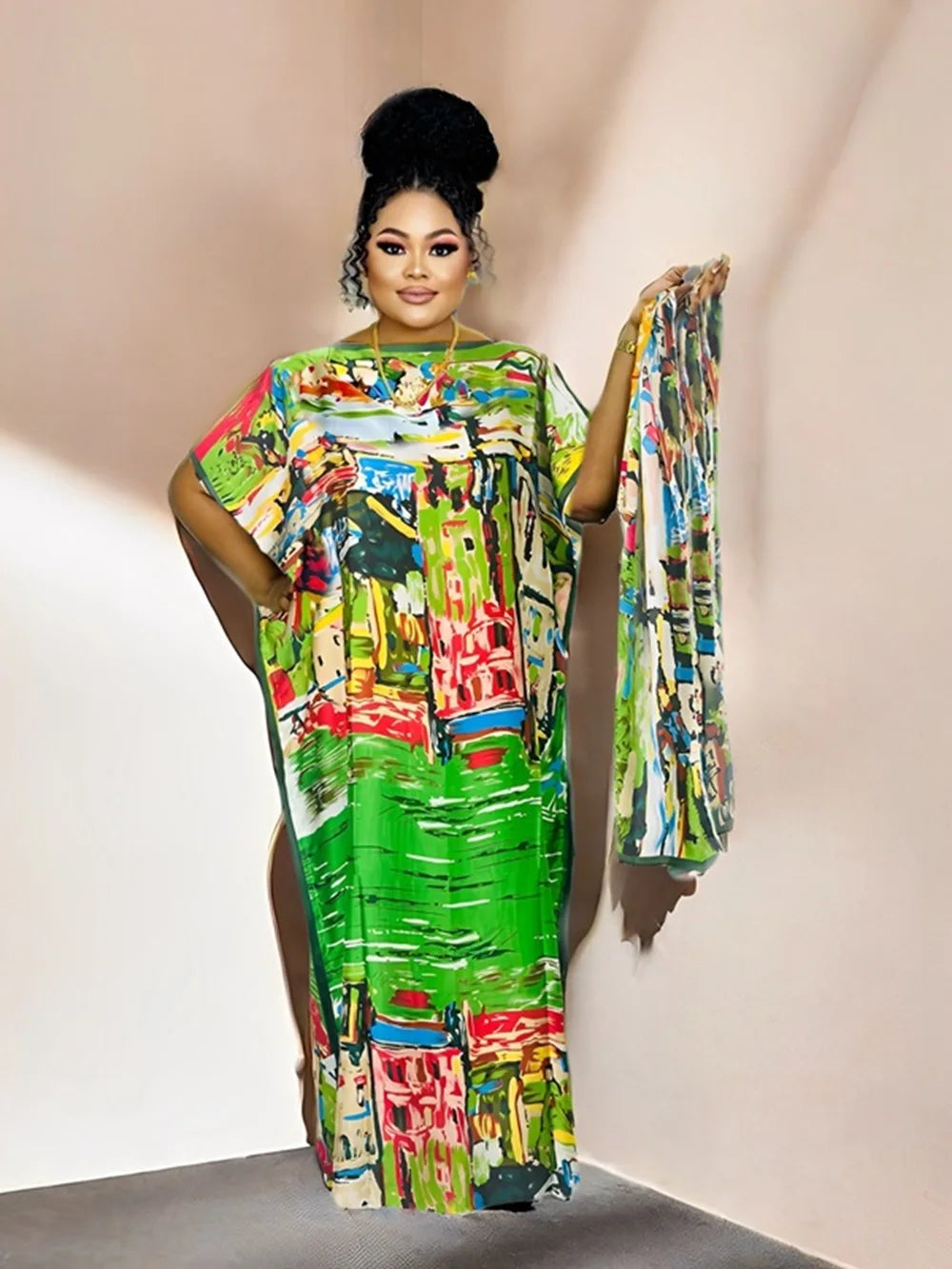 African Dashiki Floral Print Maxi Dress: Elegant Evening Robe with Matching Scarf