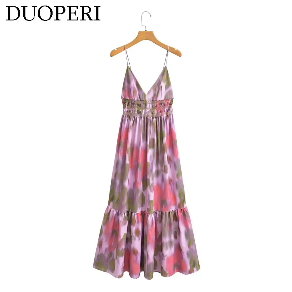 DUOPERI Printed V-Neck Backless Midi Dress - Casual Long Dress