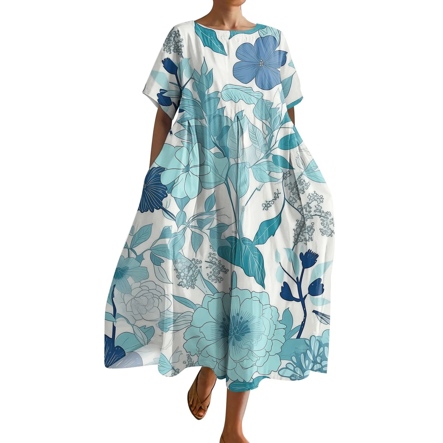 Ladies' Floral Print Maxi Dress - Round Neck Short Sleeve Beach Skirt