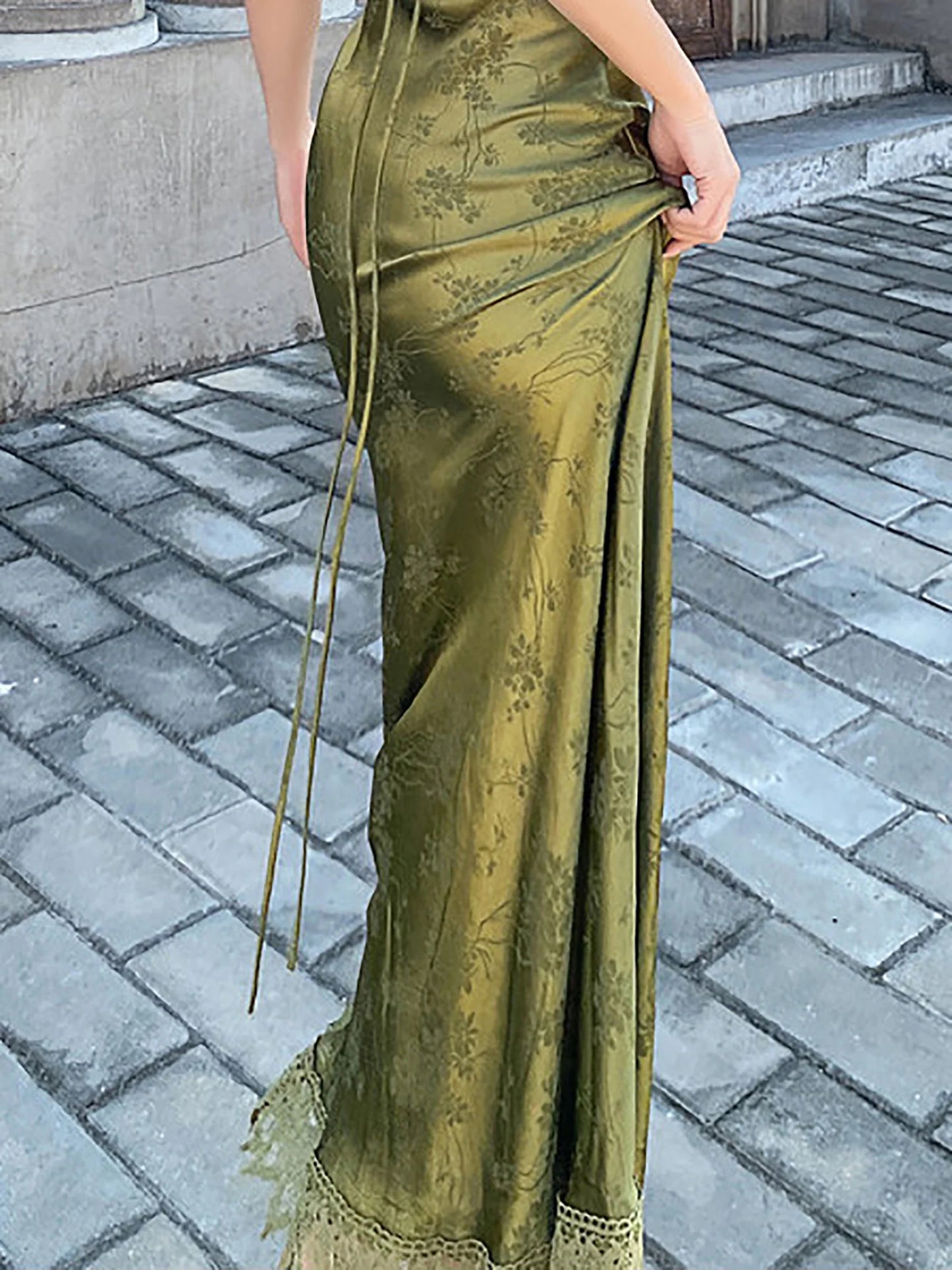 Turquoise Green V-Neck Backless Satin Jacquard Long Dress