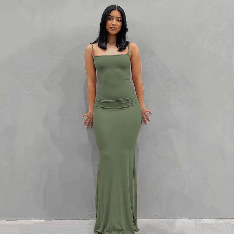 Sexy Spaghetti Strap Black Maxi Dress - Y2K Sleeveless Bodycon Evening Dress