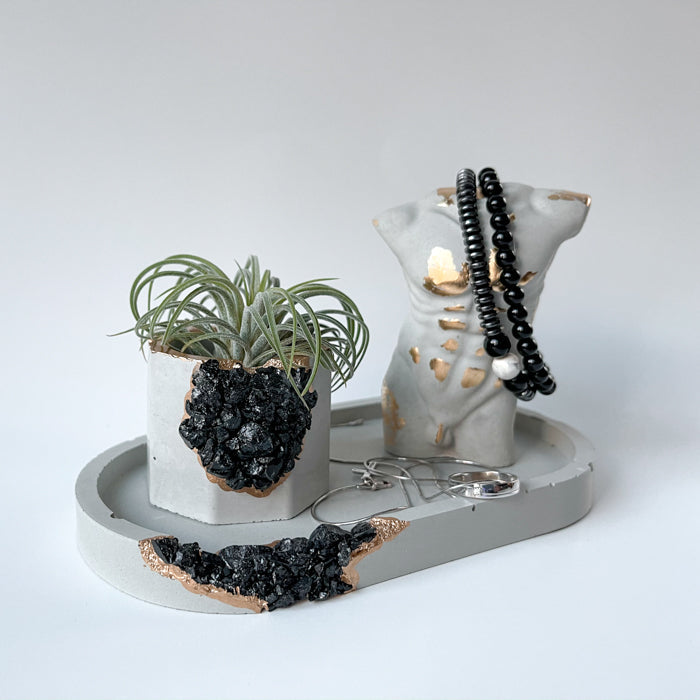 Handmade Concrete Geode Tray with Black Tourmaline Crystals