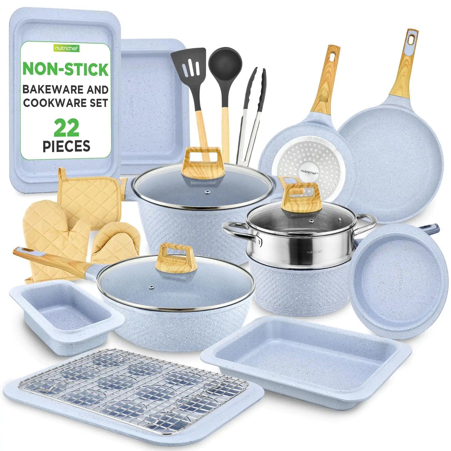 Nutrichef 22-Pc Cookware & Bakeware Set, Moon Grey