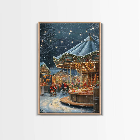 Snowy Night Market Carousel Framed Canvas Wall Decor