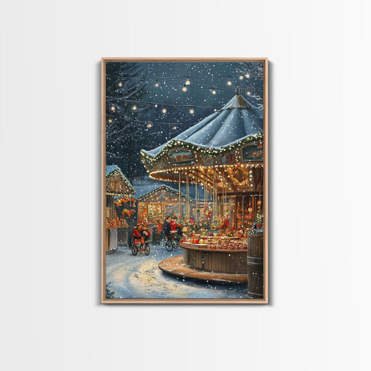 Snowy Night Market Carousel Framed Canvas Wall Decor