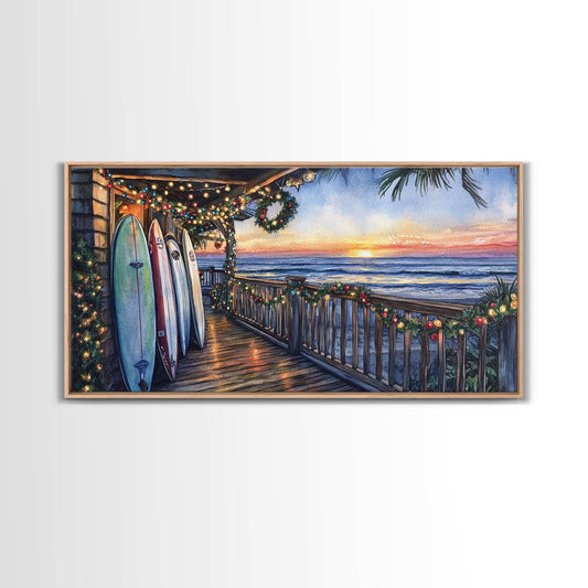 Coastal Christmas Porch Canvas Print with Surfboards