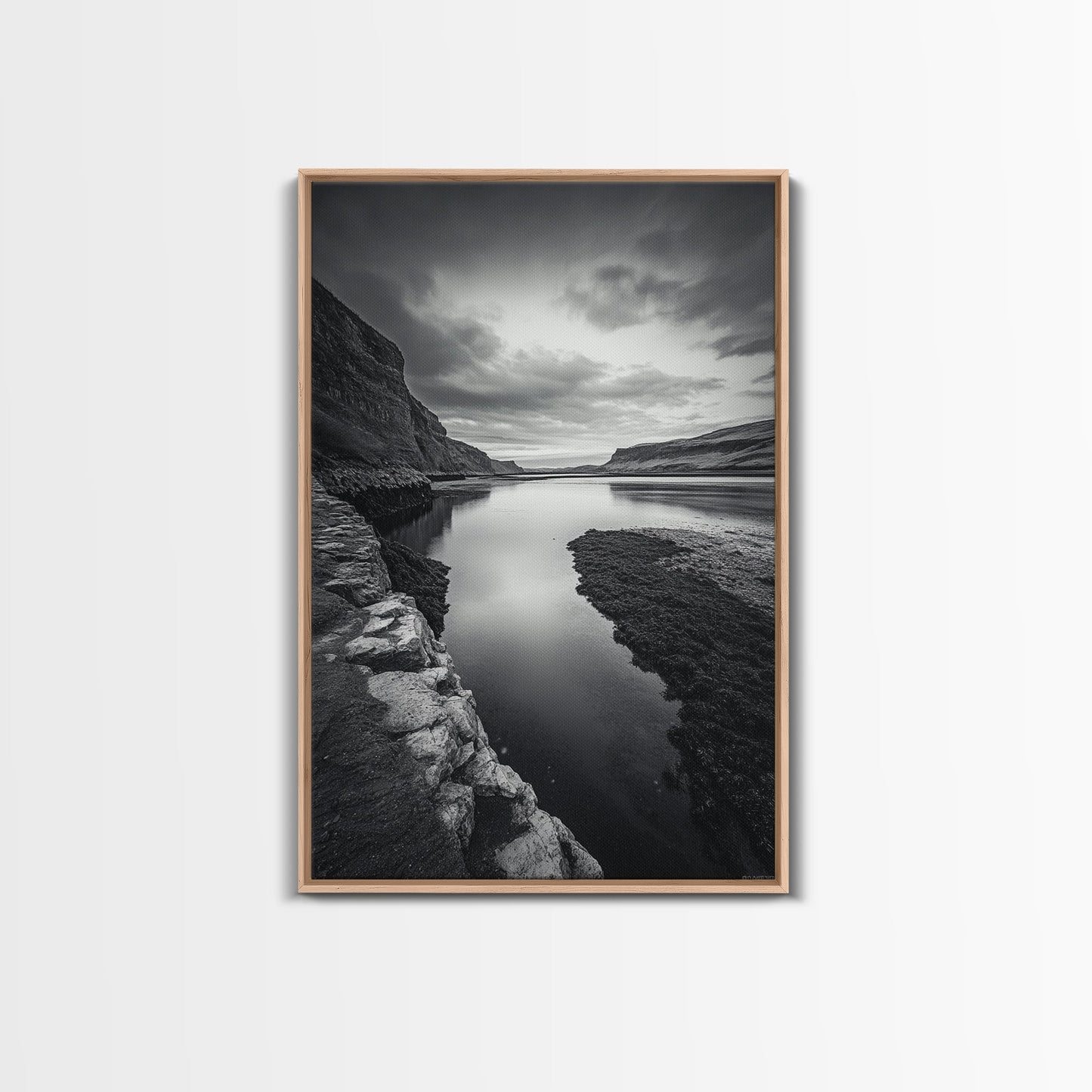 River Gorge, Twilight Reflections, Cliffside Calm, Canvas Print, Moody Black White Wall Art
