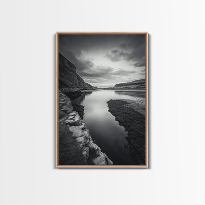 River Gorge, Twilight Reflections, Cliffside Calm, Canvas Print, Moody Black White Wall Art