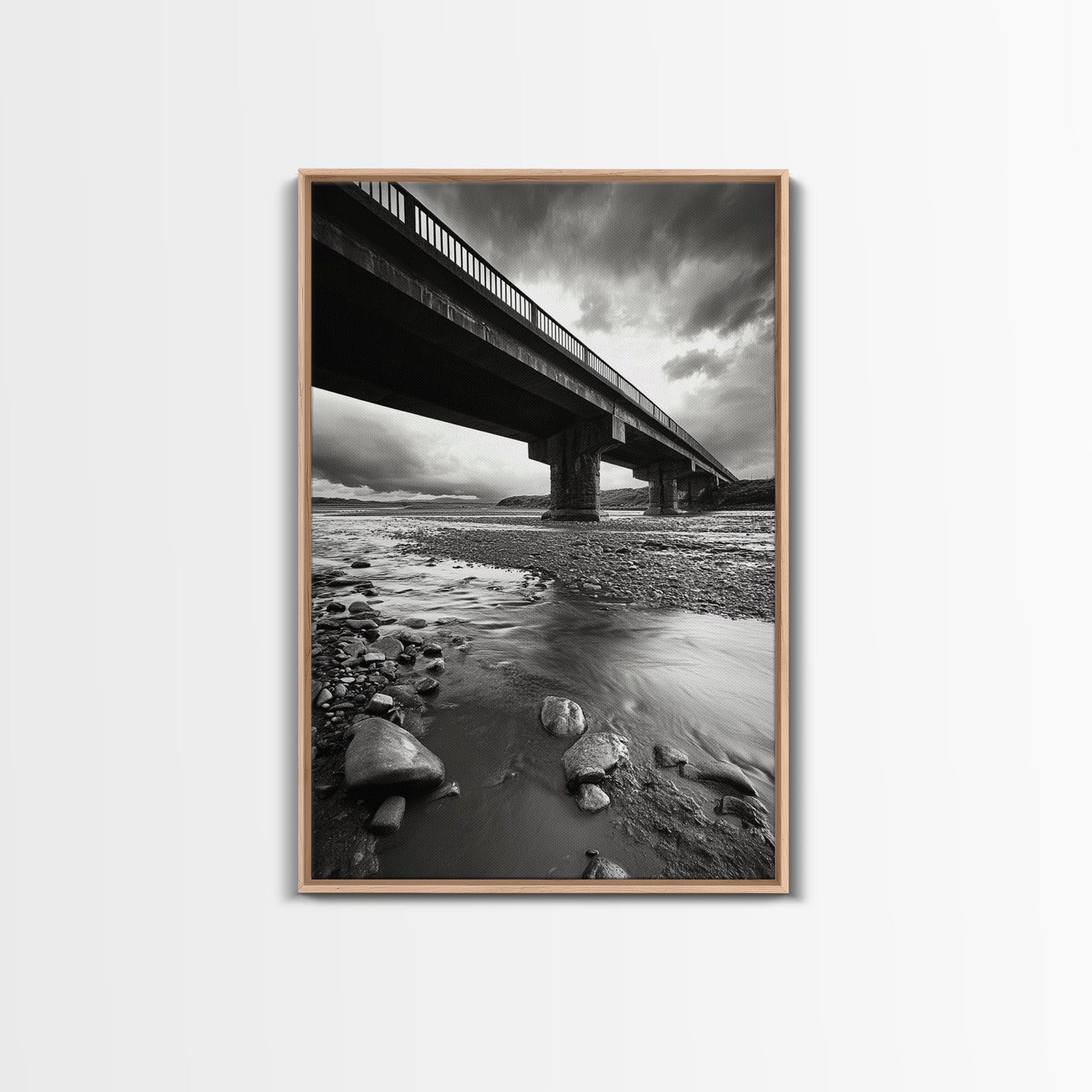 Stormy Bridge, River Rocks, Dramatic Sky, Moody Photography, Office Wall Art