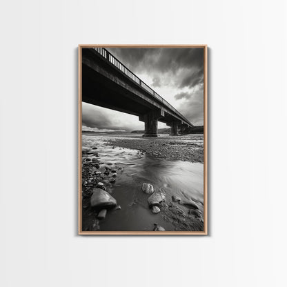 Stormy Bridge, River Rocks, Dramatic Sky, Moody Photography, Office Wall Art