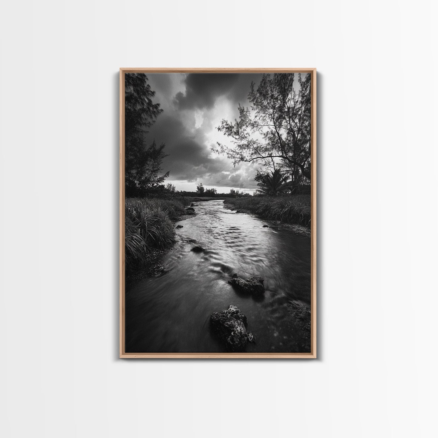River Flow, Storm Clouds, Nature Trees, Monochrome Scene, Framed Canvas Print