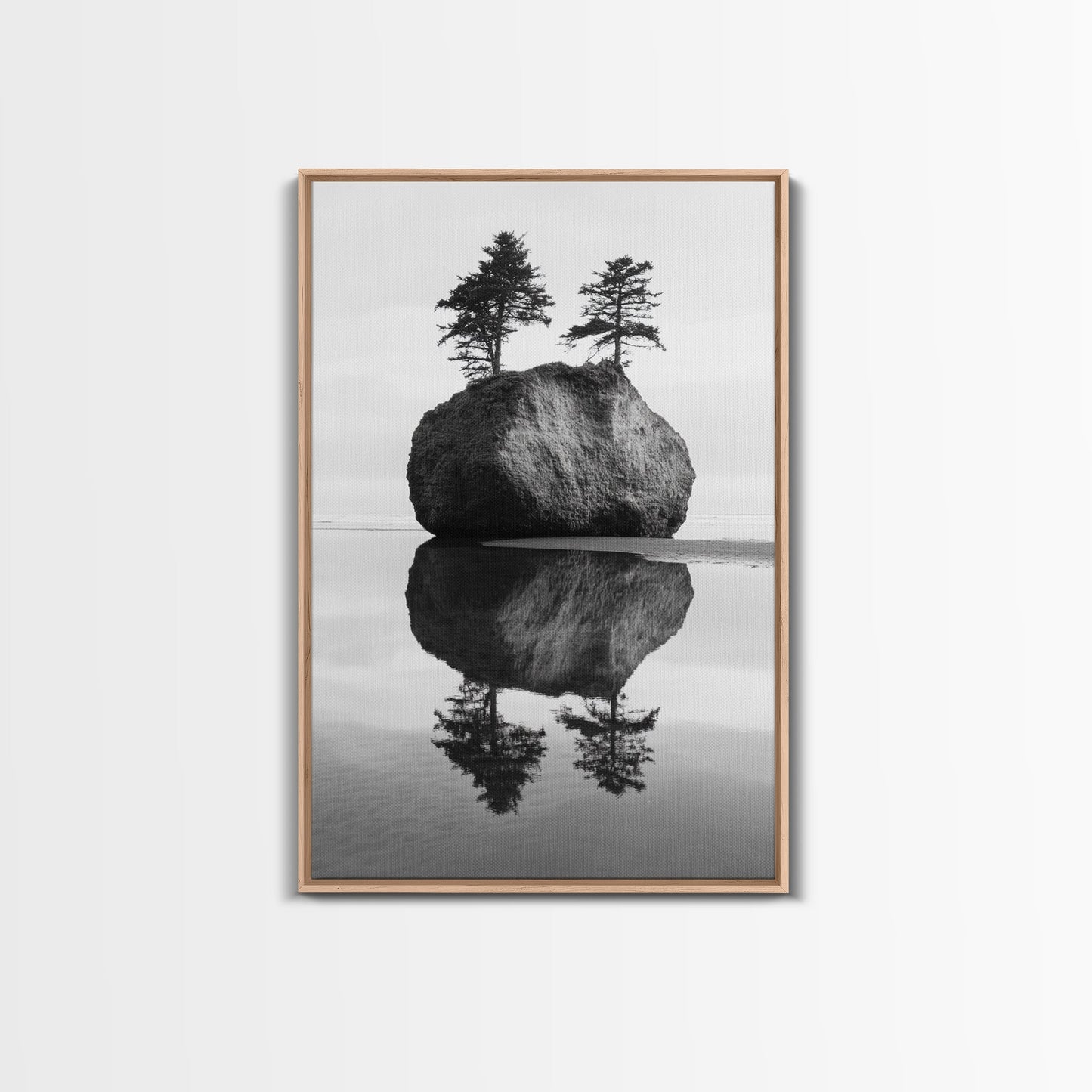 Island Reflection, Twin Trees, Still Water, Minimal Seascape, Zen Decor, Black and White Art