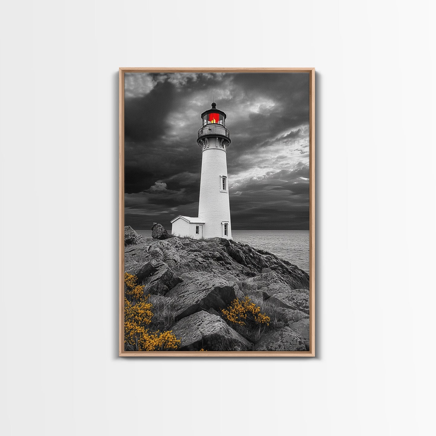 Red Beacon Lighthouse, Rocky Coast Light, Dramatic Storm Sky, Ocean Guide, Framed Canvas Print