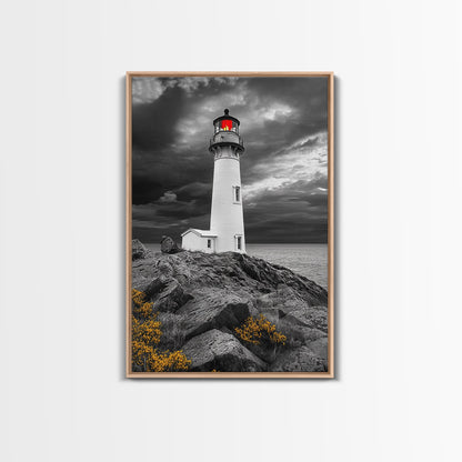 Red Beacon Lighthouse, Rocky Coast Light, Dramatic Storm Sky, Ocean Guide, Framed Canvas Print