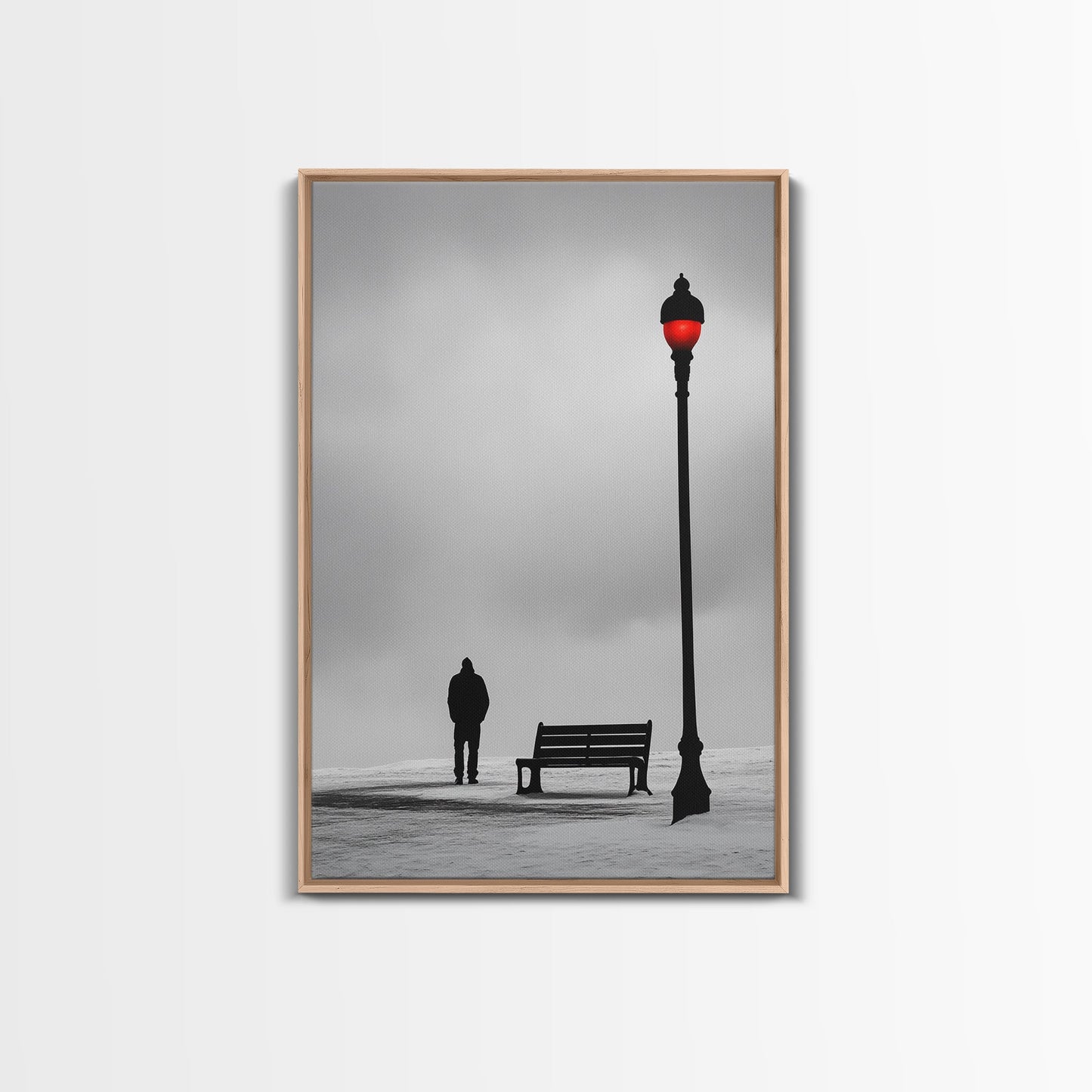 Red Street Lamp, Snowy Walkway, Silhouette Scene, Framed Canvas Print, Moody Wall Art