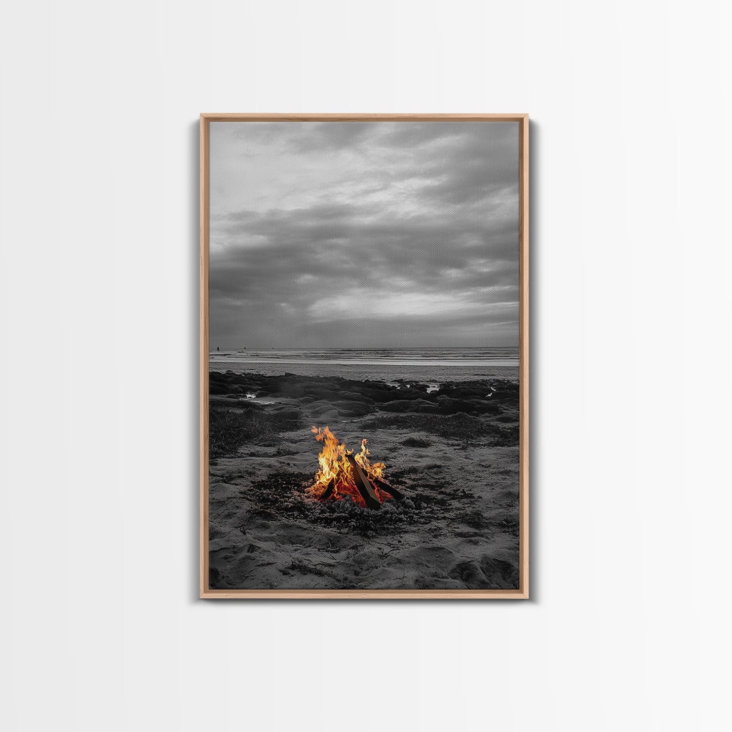 Beach bonfire, coastal art, ocean sunset, nautical decor, seascape painting, cozy fire